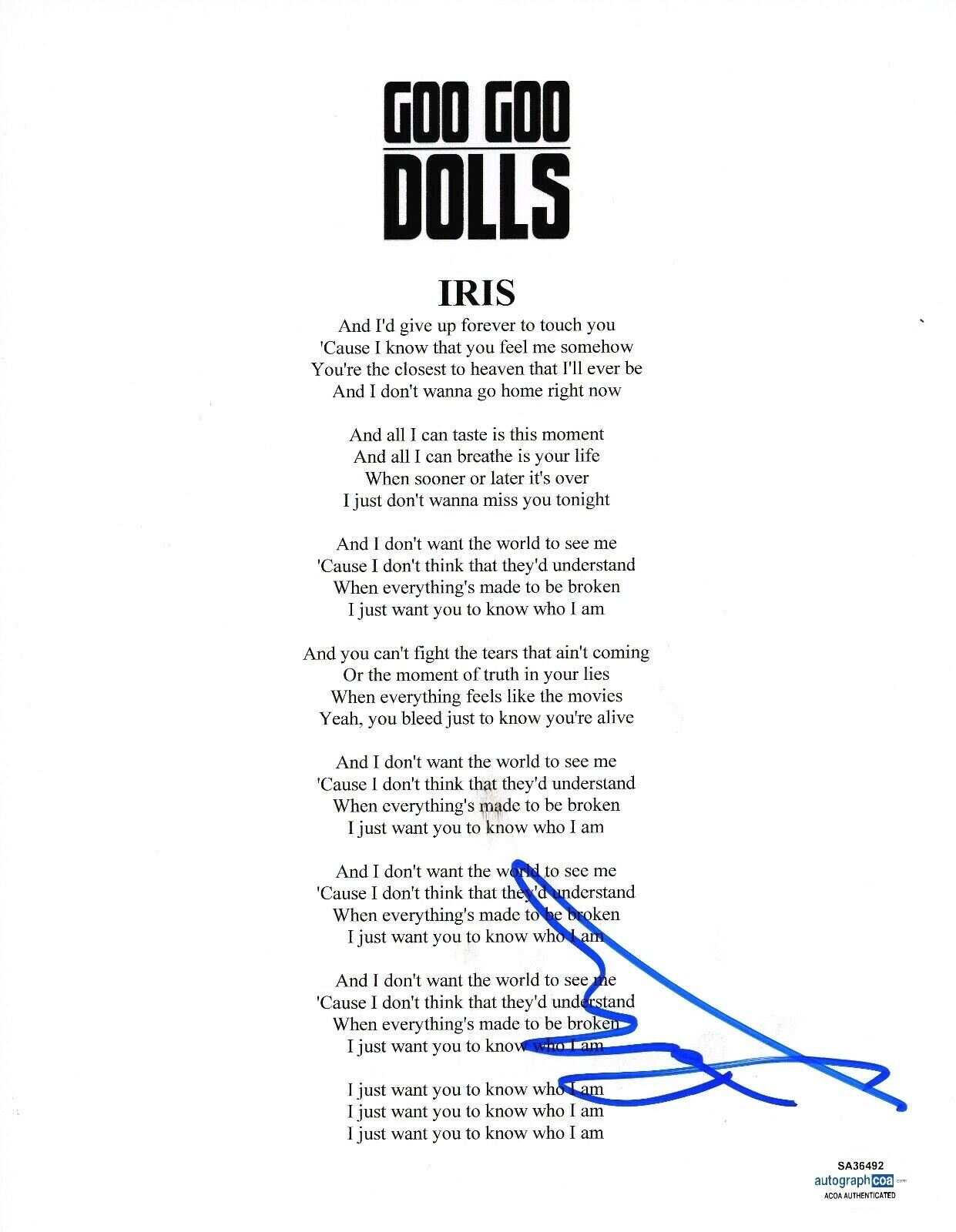John Rzeznik Signed Autographed Goo Goo Dolls IRIS Song Lyric Sheet COA 