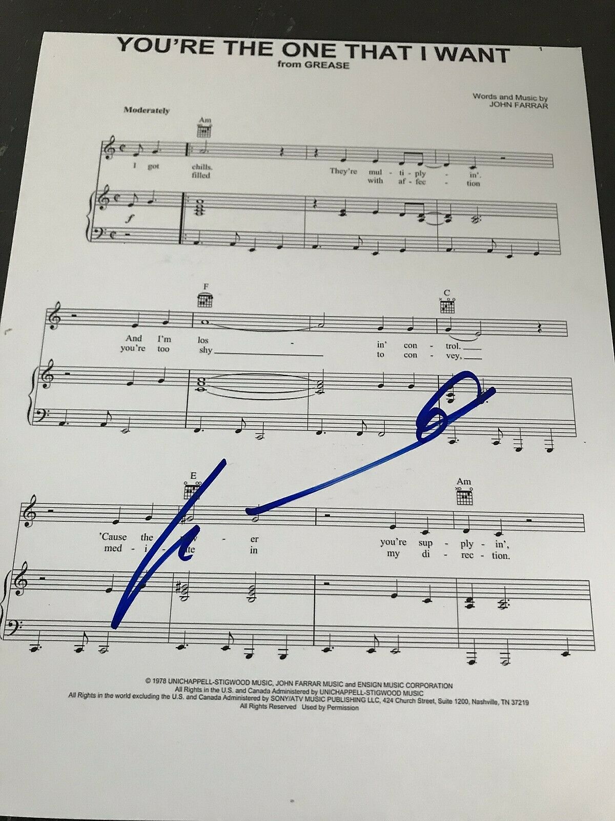 JOHN TRAVOLTA SIGNED GREASE SHEET MUSIC LYRICS YOU RE THE ONE THAT I