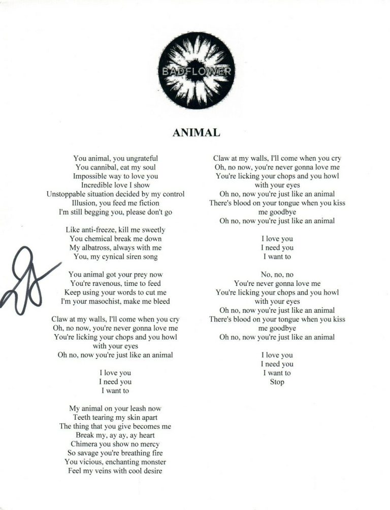 JOSH KATZ SIGNED AUTOGRAPHED BADFLOWER ANIMAL SONG LYRIC SHEET OK I’M SICK COA COLLECTIBLE MEMORABILIA