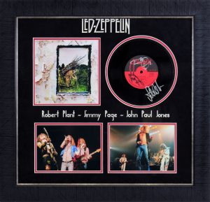 LED ZEPPELIN (3) PLANT, PAGE & JONES SIGNED & FRAMED 45 RPM VINYL PSA #W04890 COLLECTIBLE MEMORABILIA