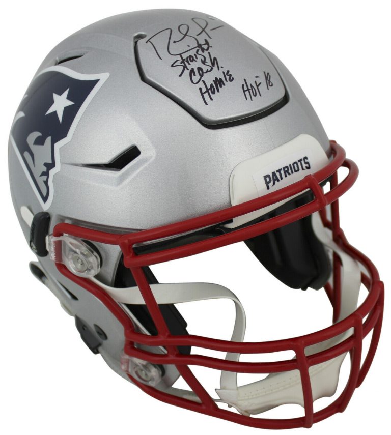 PATRIOTS RANDY MOSS “SCH HOF 18” SIGNED SPEED FLEX FULL SIZE HELMET BAS WITNESS COLLECTIBLE MEMORABILIA