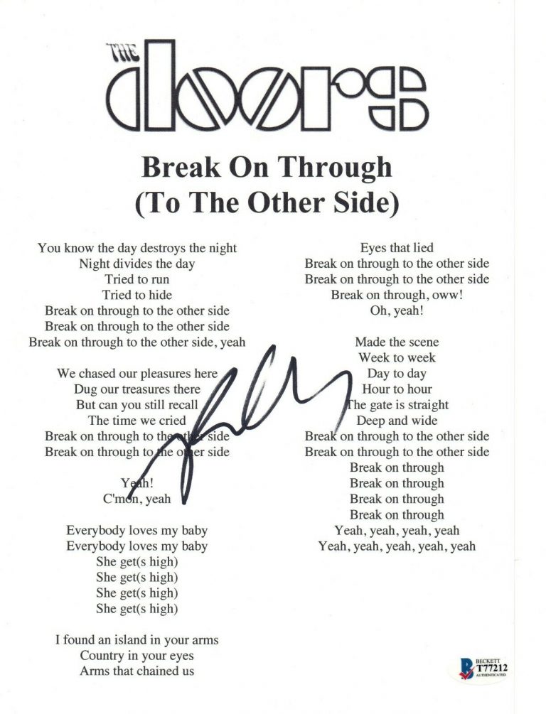 Robby Krieger Signed The Doors BREAK ON THROUGH Song Lyric Sheet Beckett BAS COA Autographia