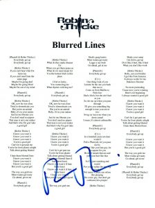 ROBIN THICKE SIGNED AUTOGRAPHED BLURRED LINES SONG LYRIC SHEET COA COLLECTIBLE MEMORABILIA