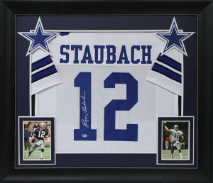 ROGER STAUBACH AUTHENTIC SIGNED WHITE PRO STYLE FRAMED JERSEY BAS WITNESSED COLLECTIBLE MEMORABILIA