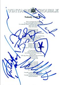 VINTAGE TROUBLE FULL BAND SIGNED AUTOGRAPHED “NOBODY TOLD ME” LYRIC SHEET COA COLLECTIBLE MEMORABILIA