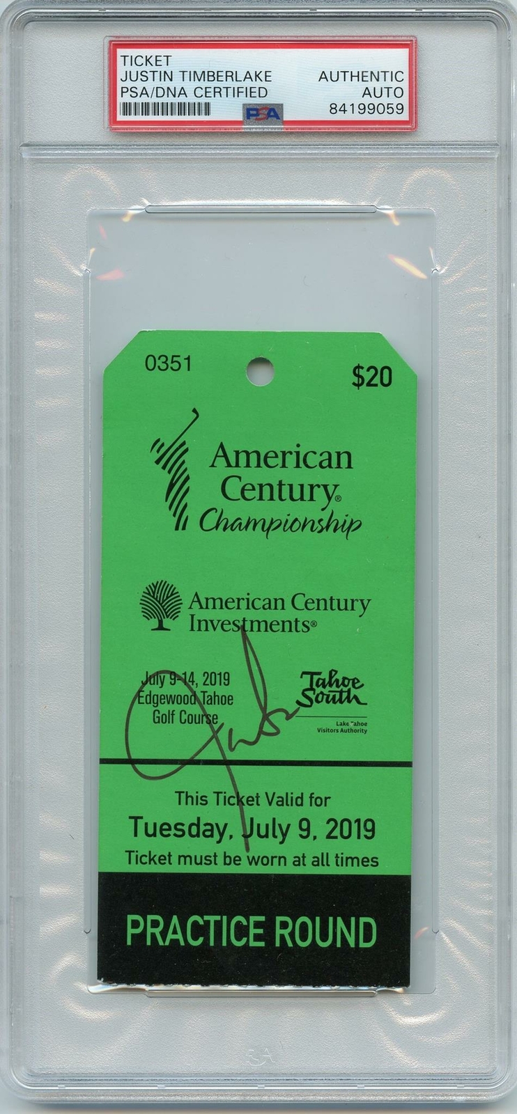 Justin Timberlake Signed American Century Championship Ticket PSA/DNA Slabbed