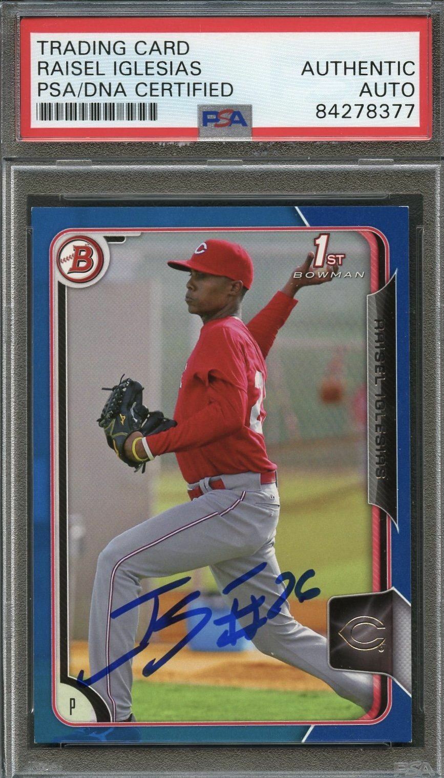 2015 1st Bowman BP103 Raisel Iglesias Signed Card PSA Slabbed Auto Reds