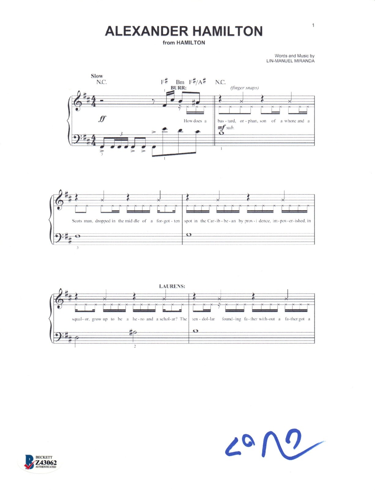 Lin Manuel Miranda Signed Alexander Hamilton Music Sheet Page Beckett COA