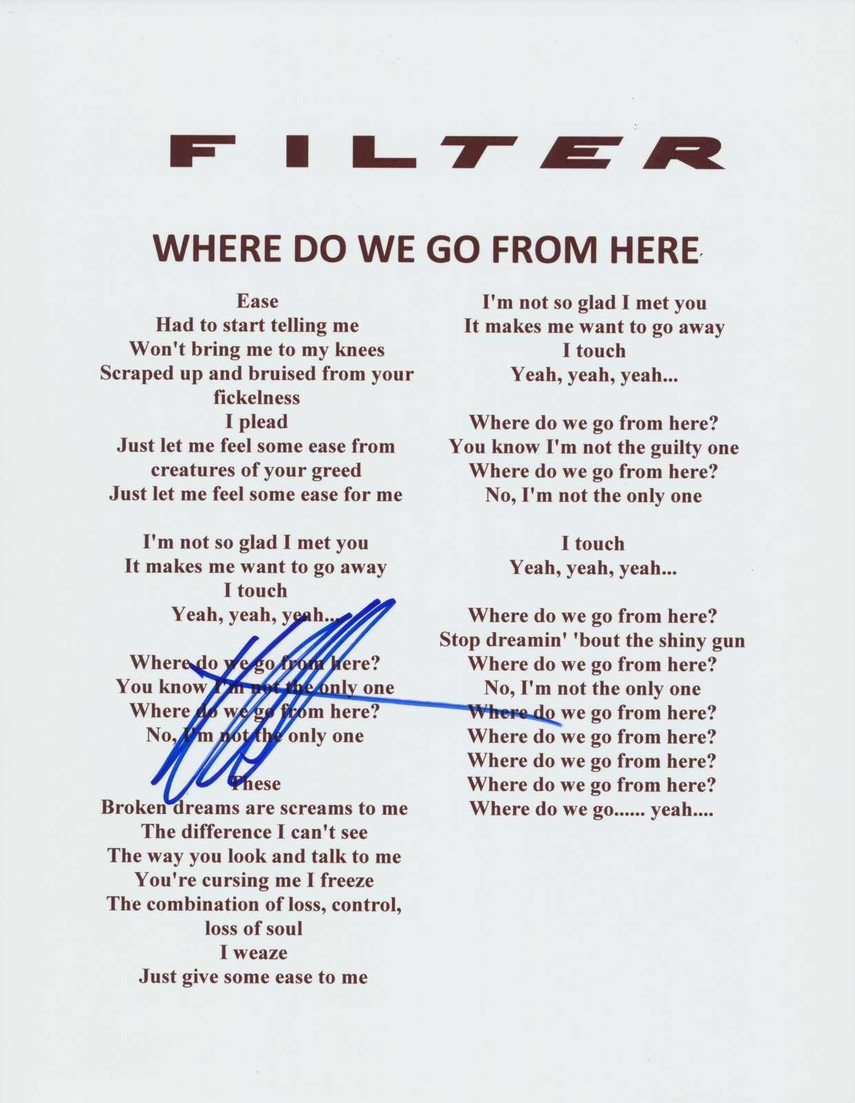 RICHARD PATRICK SIGNED FILTER WHERE DO WE GO FROM HERE LYRIC SHEET