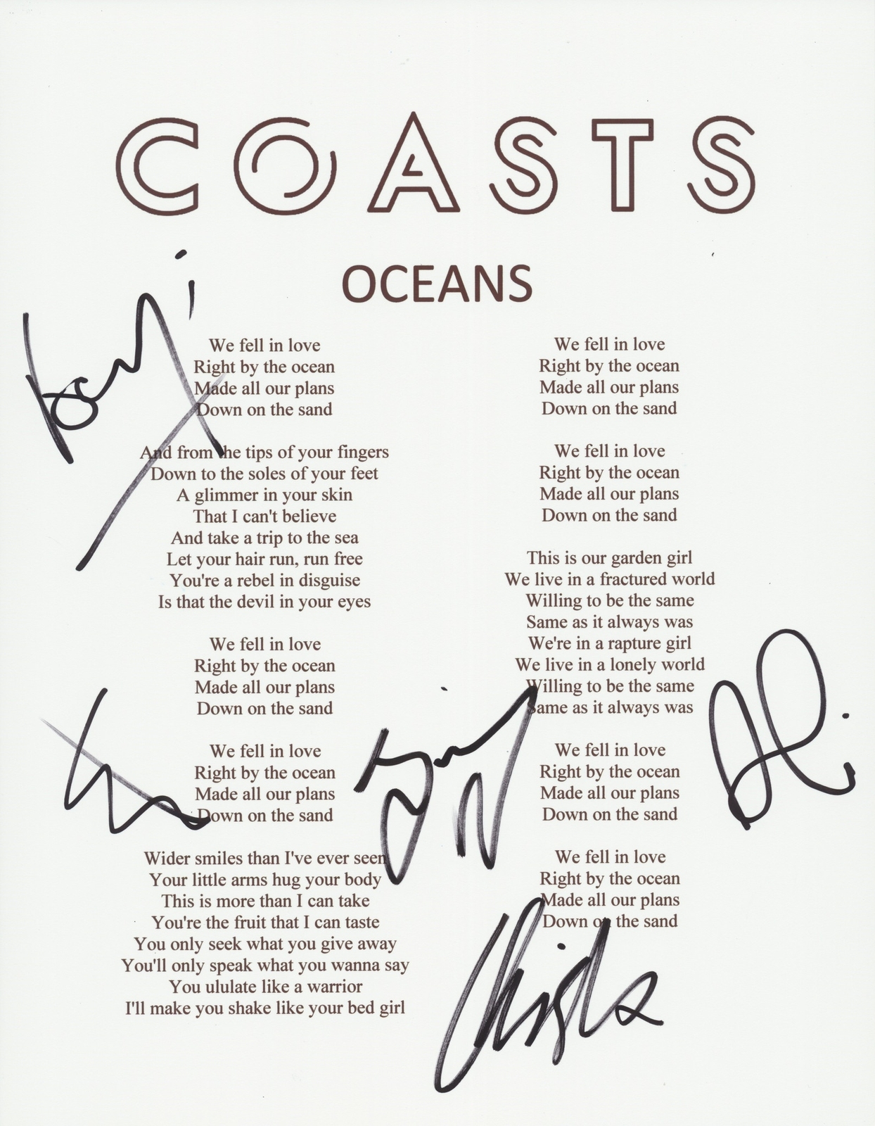 COASTS SIGNED OCEANS LYRIC SHEET COLLECTIBLE MEMORABILIA
