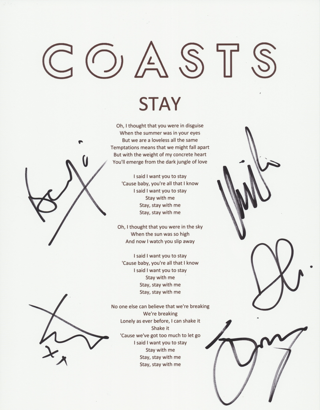 COASTS SIGNED STAY LYRIC SHEET