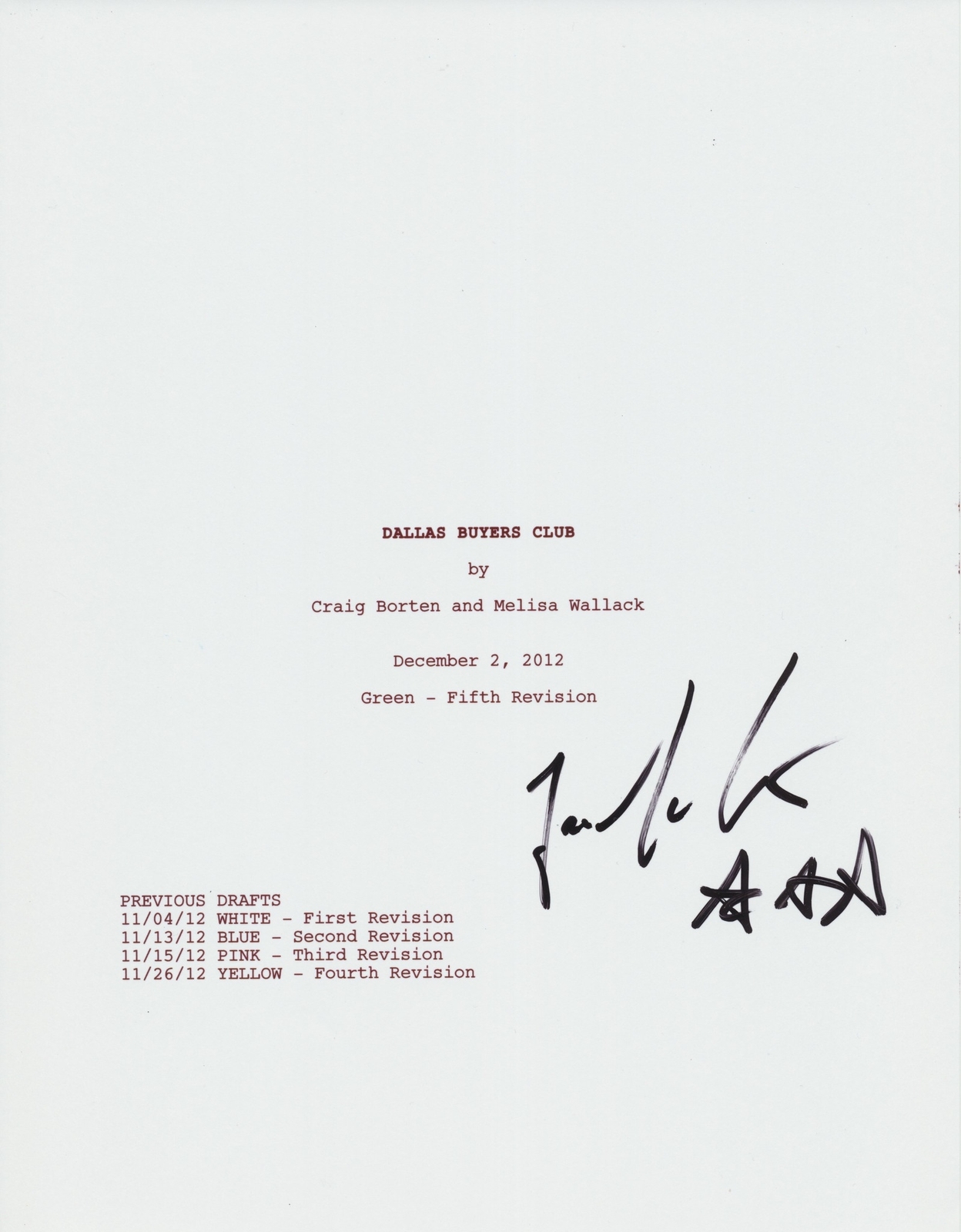 JEAN-MARC VALLEE SIGNED DALLAS BUYERS CLUB 111 PAGE FULL SCRIPT