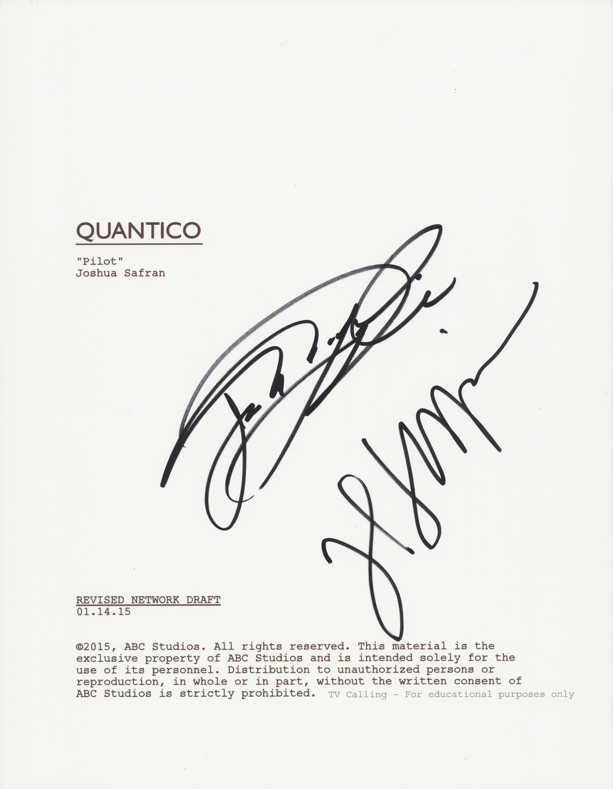 JOSH HOPKINS & JAKE MCLAUGHLIN SIGNED QUANTICO PILOT 58 PAGE FULL SCRIPT
