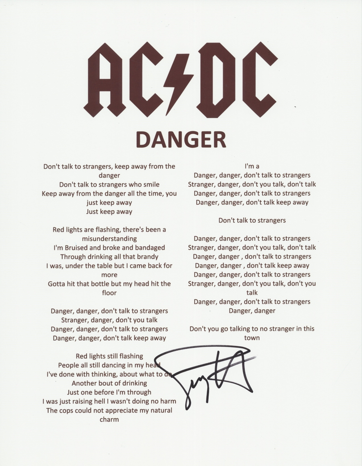 SIMON WRIGHT SIGNED AC/DC DANGER LYRIC SHEET