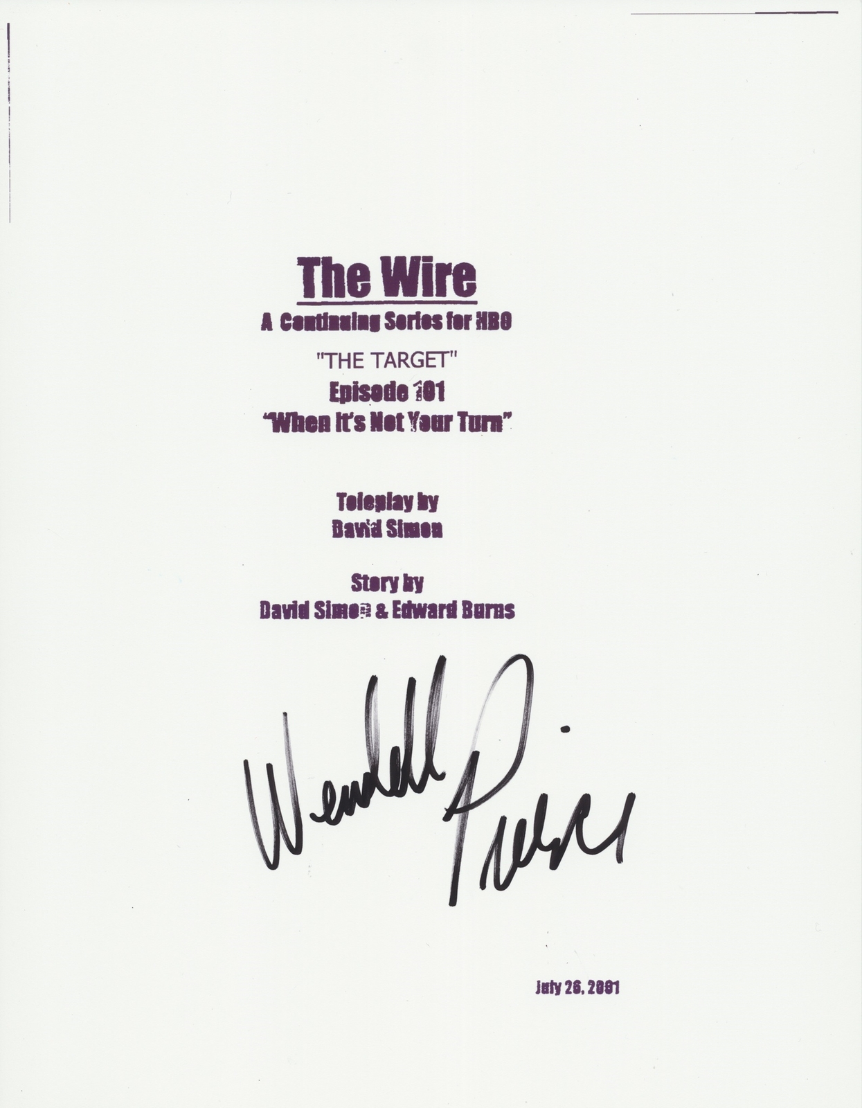 WENDELL PIERCE SIGNED THE WIRE 64 PAGE PILOT FULL SCRIPT COLLECTIBLE MEMORABILIA