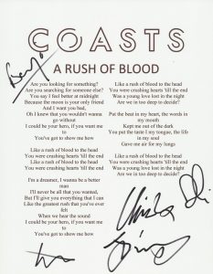 COASTS SIGNED A RUSH OF BLOOD LYRIC SHEET COLLECTIBLE MEMORABILIA