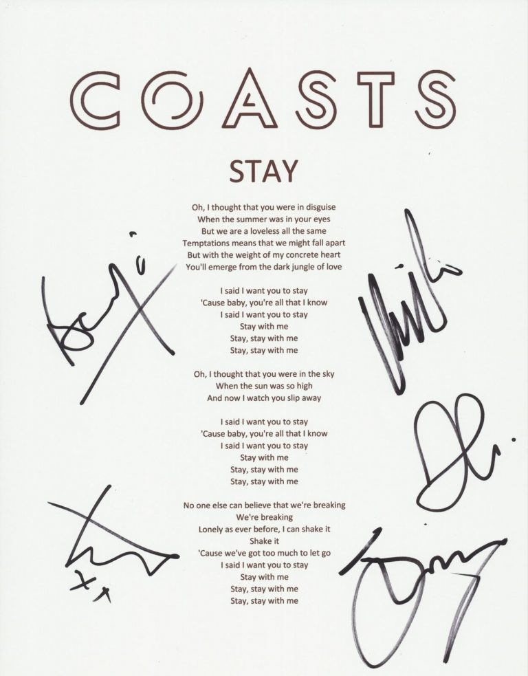COASTS SIGNED STAY LYRIC SHEET COLLECTIBLE MEMORABILIA