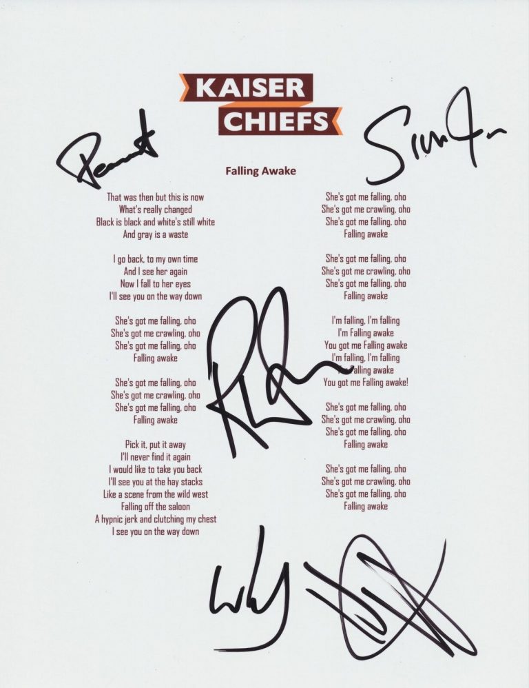 KAISER CHIEFS SIGNED FALLING AWAKE LYRIC SHEET COLLECTIBLE MEMORABILIA