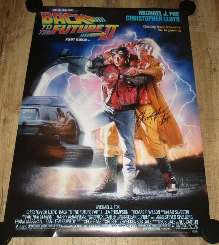 MICHAEL J FOX & CHRISTOPHER LLOYD SIGNED BACK TO THE FUTURE PART II 27X40 FULL S COLLECTIBLE MEMORABILIA