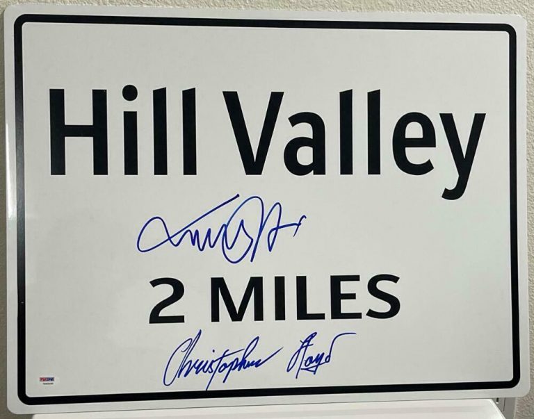MICHAEL J FOX CHRISTOPHER LLOYD SIGNED BACK TO THE FUTURE HILL VALLEY SIGN PSA COLLECTIBLE MEMORABILIA