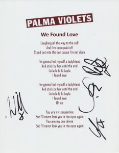 PALMA VIOLETS SIGNED WE FOUND LOVE LYRIC SHEET COLLECTIBLE MEMORABILIA
