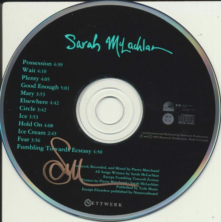 SARAH MCLACHLAN SIGNED FUMBLING TOWARDS ECSTASY CD DISK COLLECTIBLE MEMORABILIA