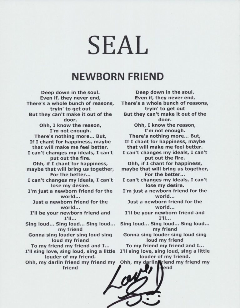 SEAL SIGNED NEWBORN FRIEND LYRIC SHEET COLLECTIBLE MEMORABILIA