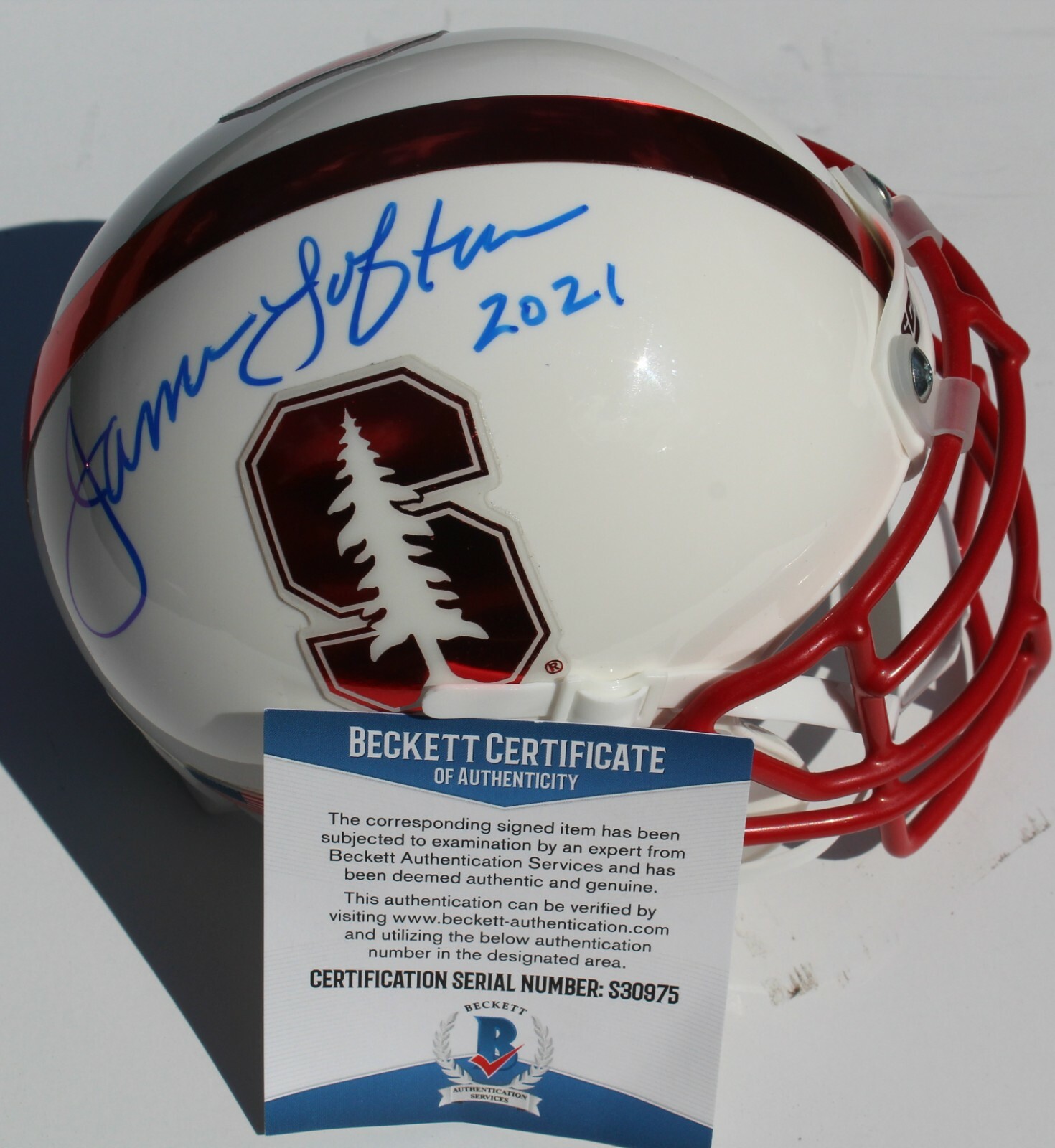 NEW LISTINGJames Lofton Signed Stanford Cardinal Mini Helmet w/Beckett COA S30975 BAS