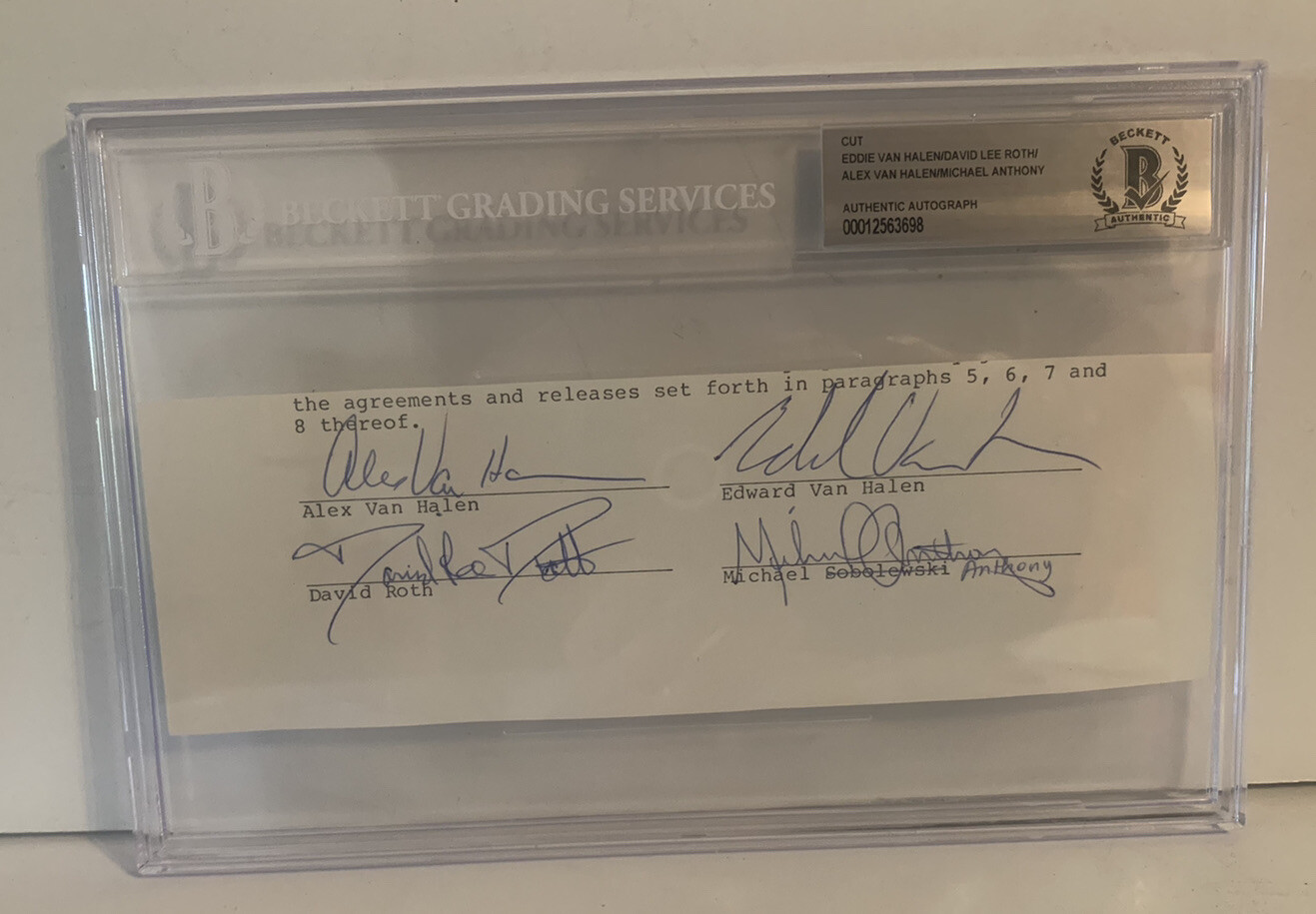 VAN HALEN ALL 4 ORIGINAL 1970’S SLABBED CONTRACT CUT SIGNED BAS CERTIFIED #2 COLLECTIBLE MEMORABILIA