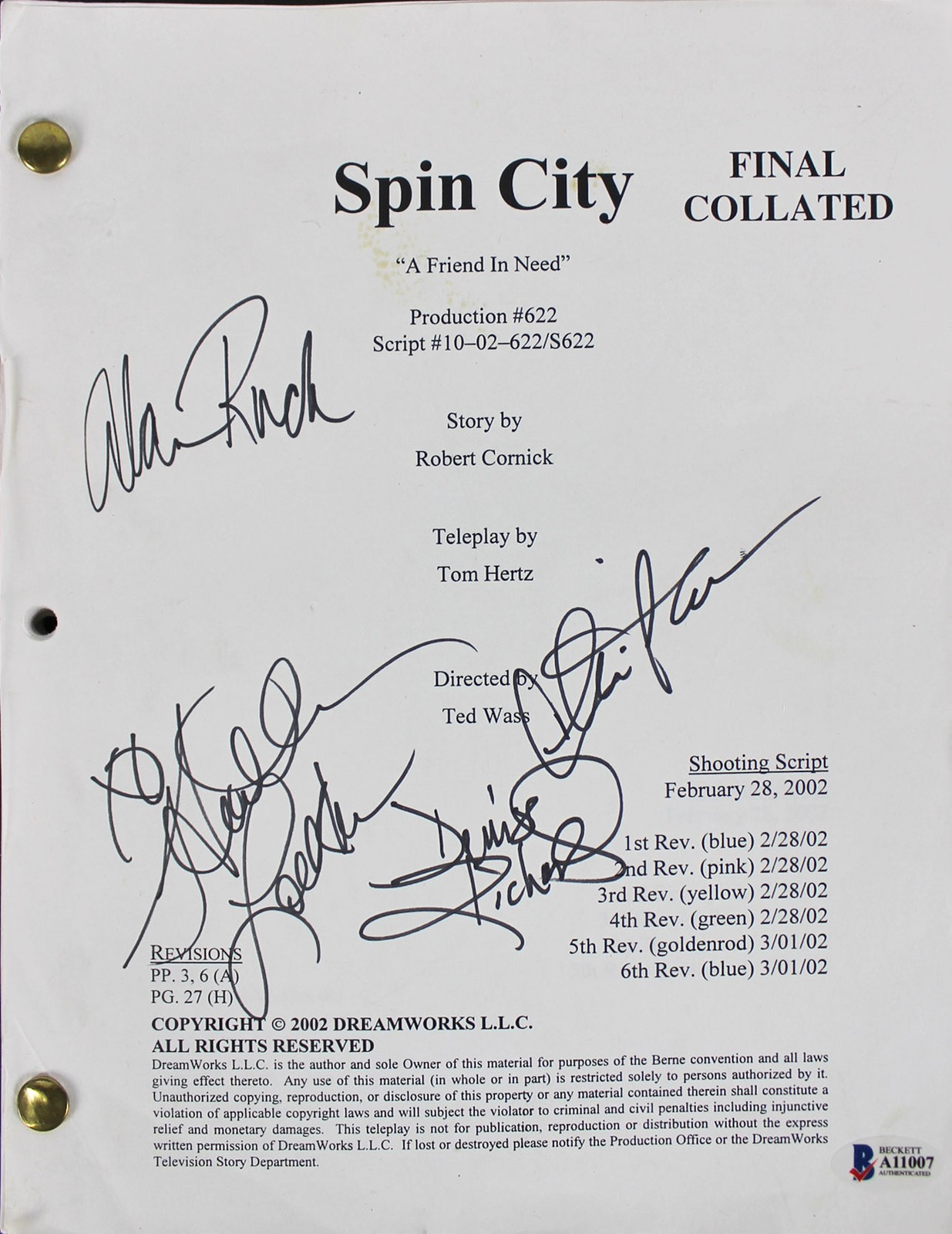Spin City (4) Sheen, Richards, Locklear & Ruck Signed Used Tv Script BAS #A11007
