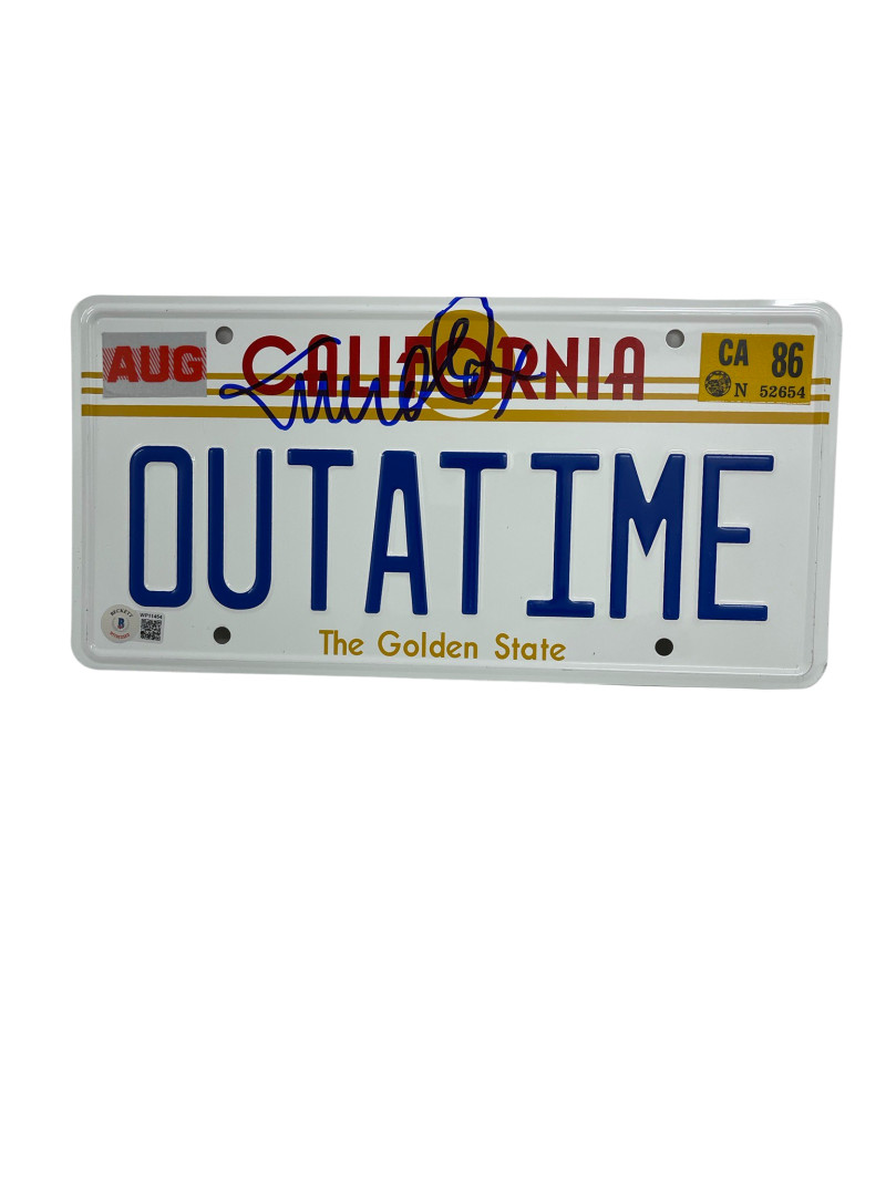 MICHAEL J FOX SIGNED BACK TO THE FUTURE OUTATIME LICENSE PLATE AUTOGRAPH BAS 6