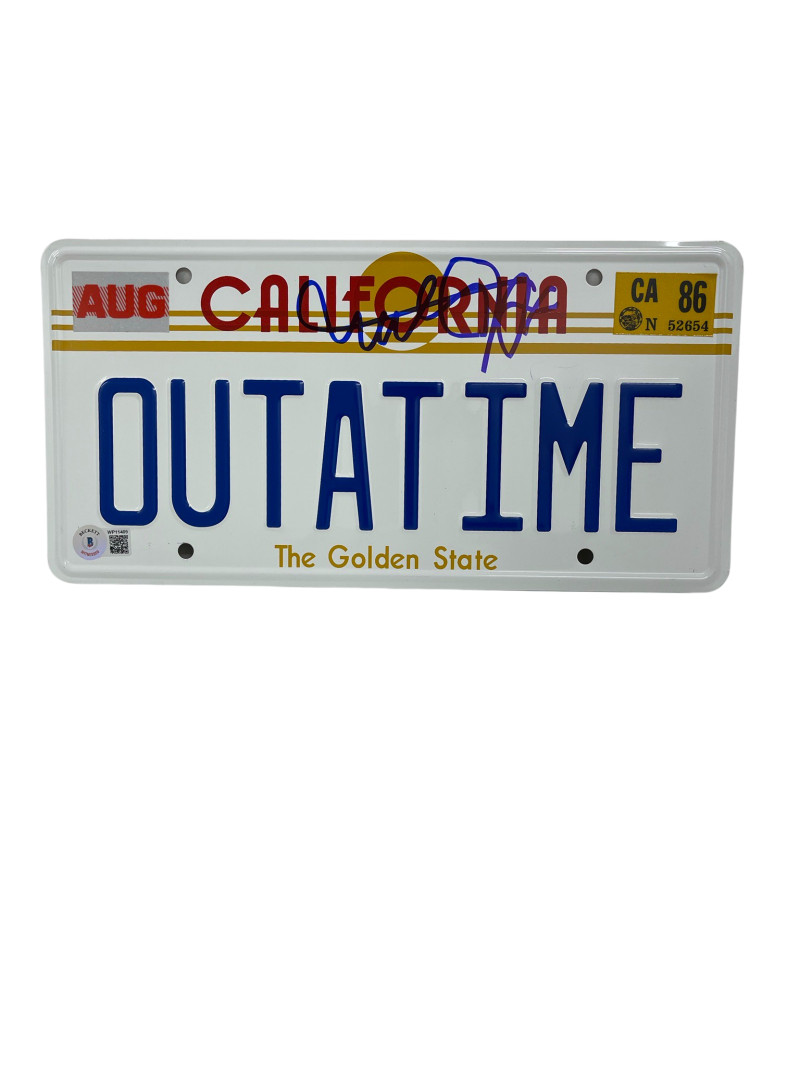 MICHAEL J FOX SIGNED BACK TO THE FUTURE OUTATIME LICENSE PLATE AUTOGRAPH BAS 15