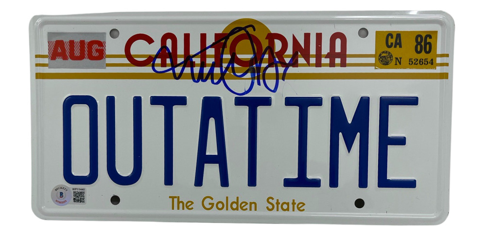 MICHAEL J FOX SIGNED BACK TO THE FUTURE OUTATIME LICENSE PLATE AUTOGRAPH BAS 24