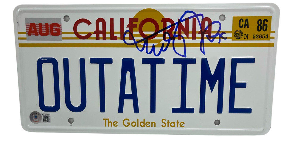 MICHAEL J FOX SIGNED BACK TO THE FUTURE OUTATIME LICENSE PLATE AUTOGRAPH BAS 26