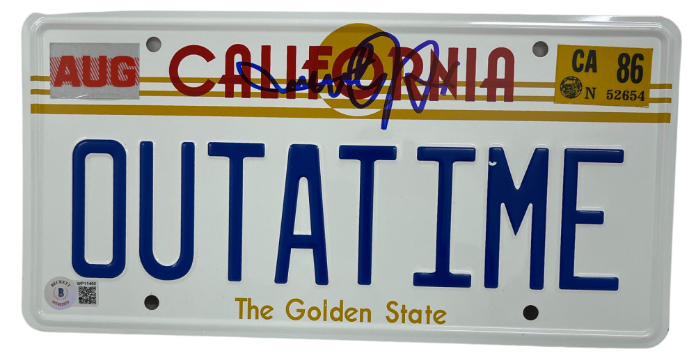 MICHAEL J FOX SIGNED BACK TO THE FUTURE OUTATIME LICENSE PLATE AUTOGRAPH BAS 35
