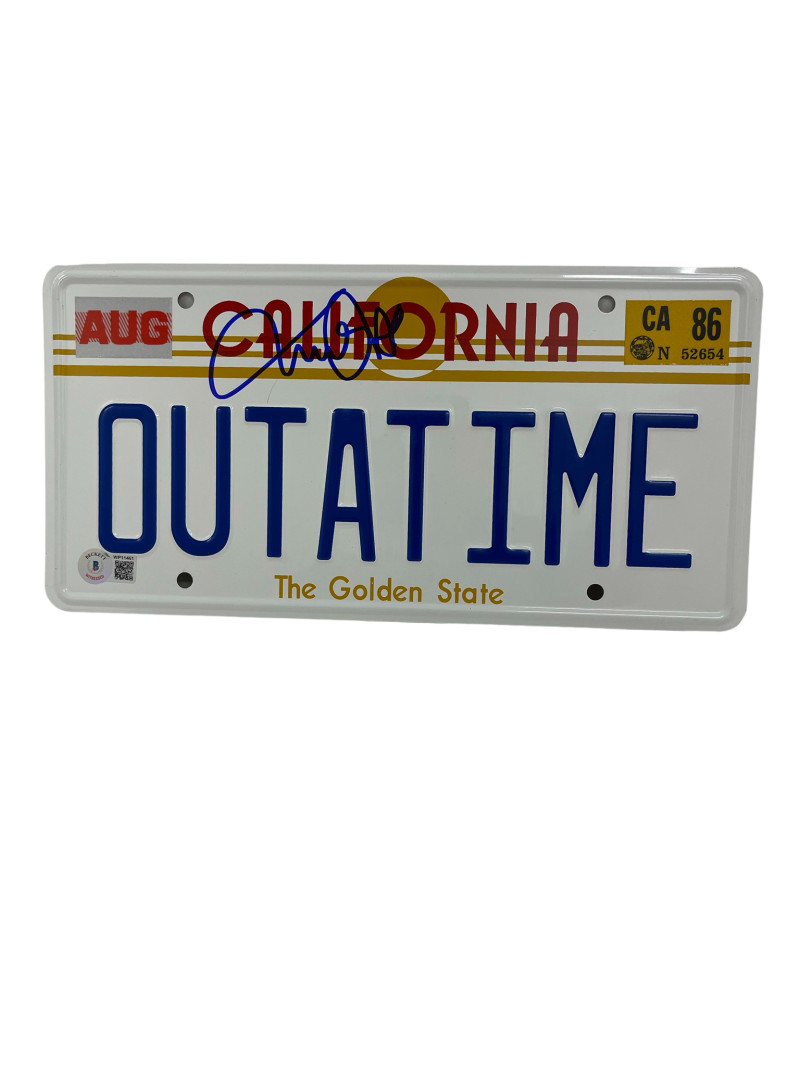 MICHAEL J FOX SIGNED BACK TO THE FUTURE OUTATIME LICENSE PLATE AUTOGRAPH BAS 4