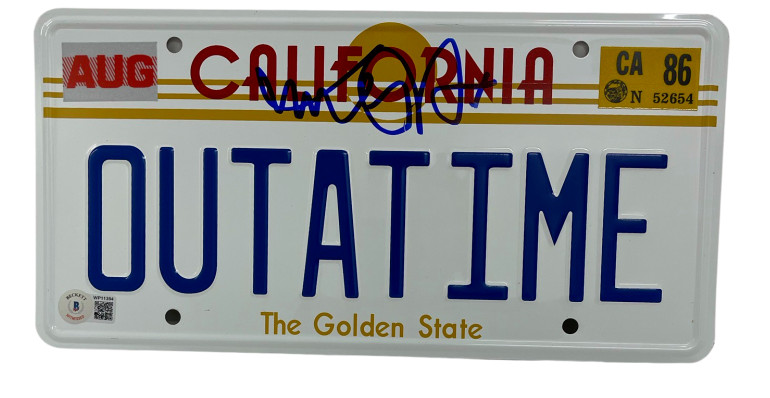 MICHAEL J FOX SIGNED BACK TO THE FUTURE OUTATIME LICENSE PLATE AUTOGRAPH BAS 5