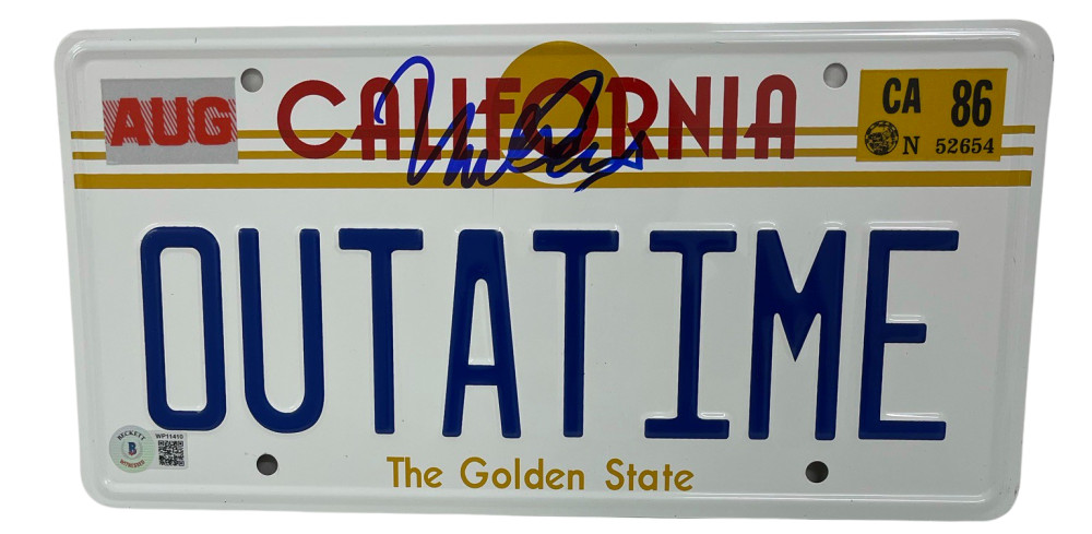 MICHAEL J FOX SIGNED BACK TO THE FUTURE OUTATIME LICENSE PLATE AUTOGRAPH BAS 33
