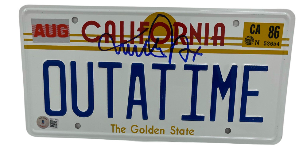 MICHAEL J FOX SIGNED BACK TO THE FUTURE OUTATIME LICENSE PLATE AUTOGRAPH BAS 37