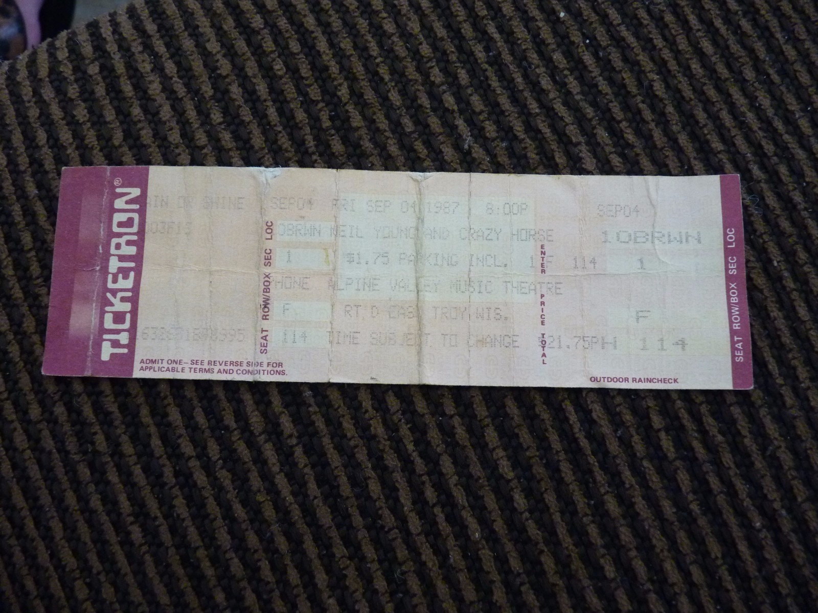 Neil Young Sept 04 1987 Alpine Wisconsin Used Concert Ticket Stub