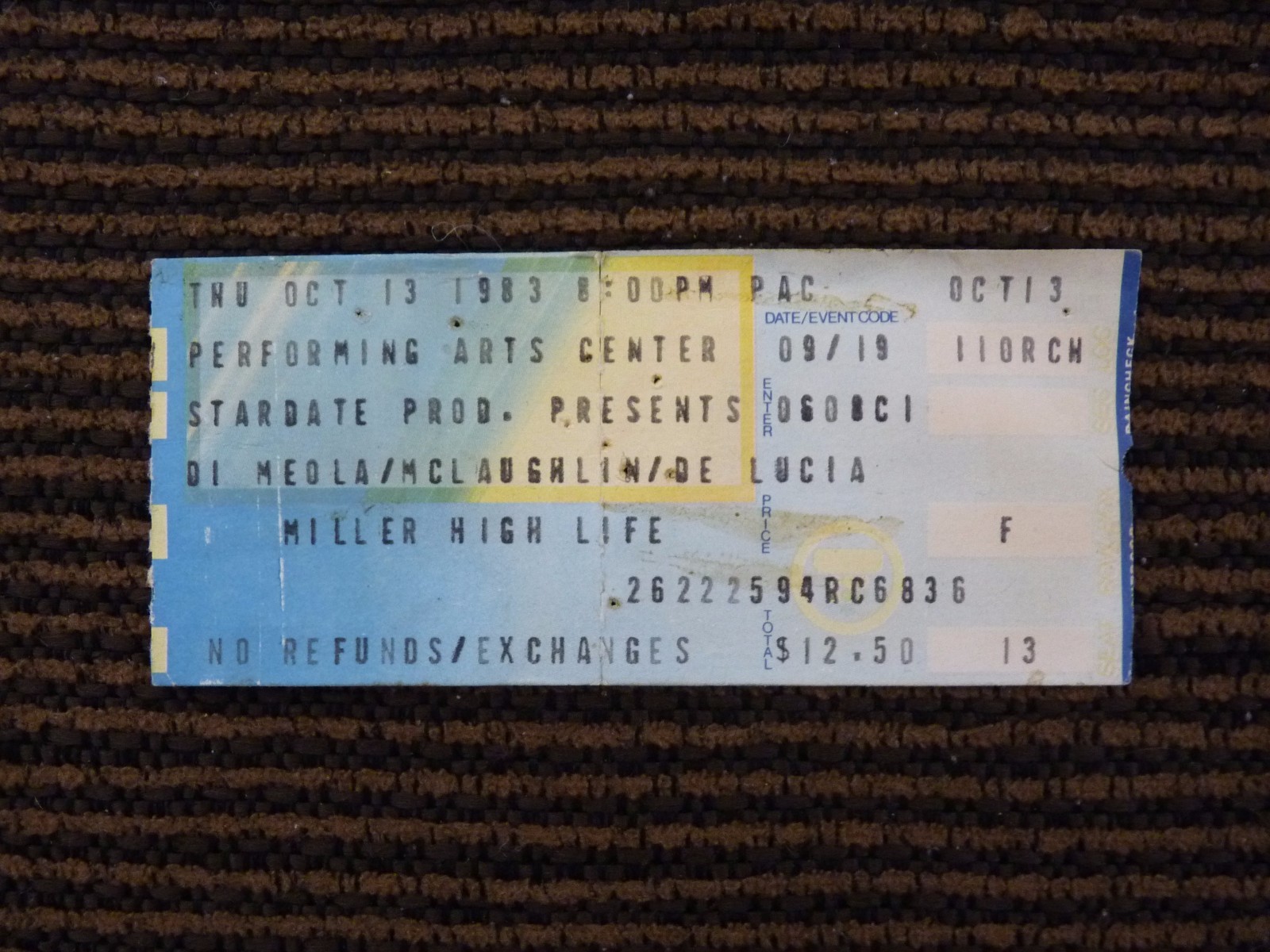 DI Meola McLaughlin De Lucia Guitar Trio Oct 13 1983 Used Concert Ticket Stub