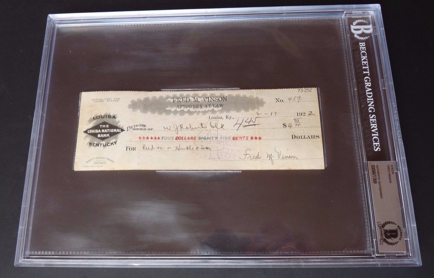 Fred Vinson Chief Justice Supreme Court Signed Check Beckett Certified Slabbed 2