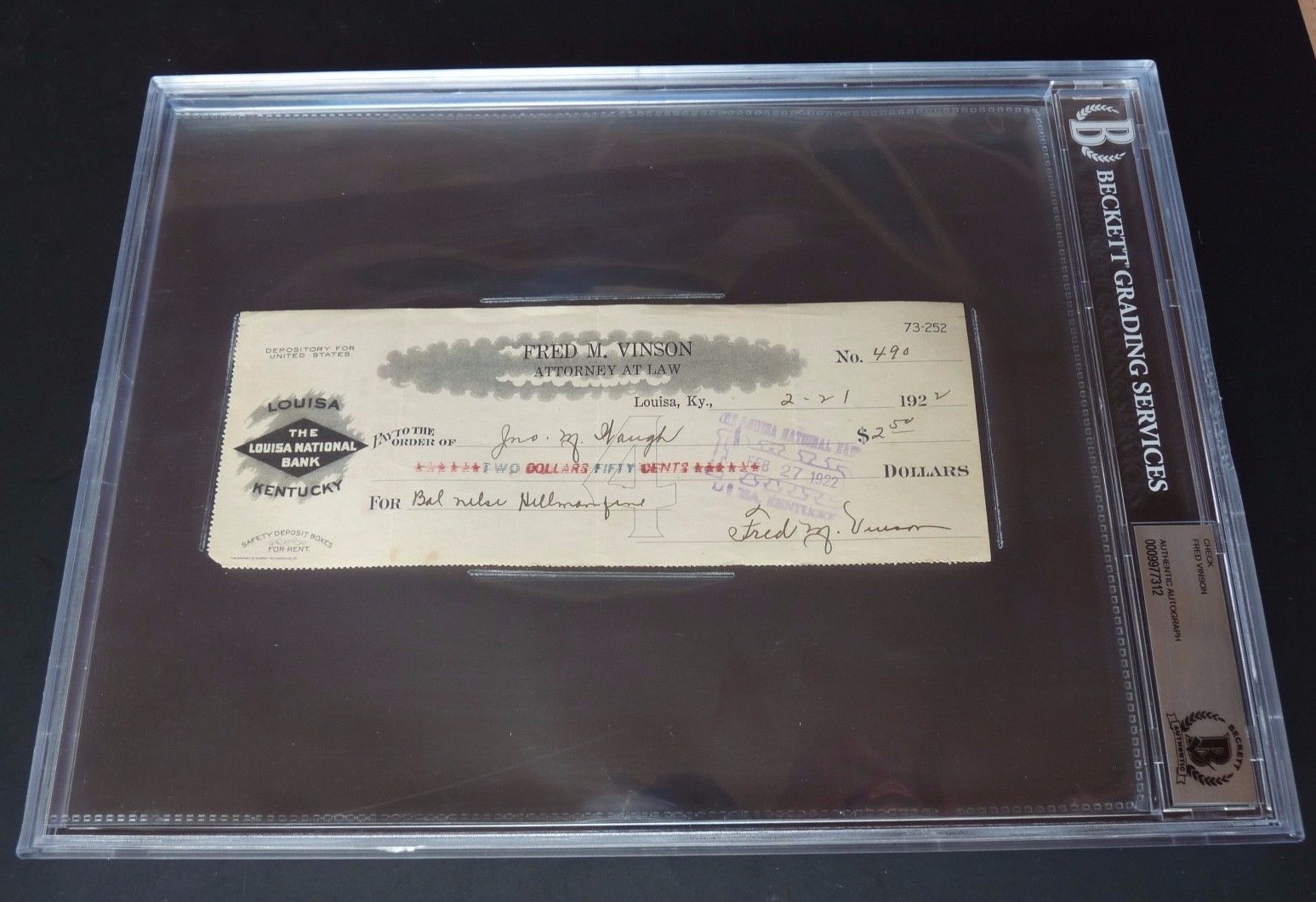 Fred Vinson Chief Justice Supreme Court Signed Check Beckett Certified Slabbed 3