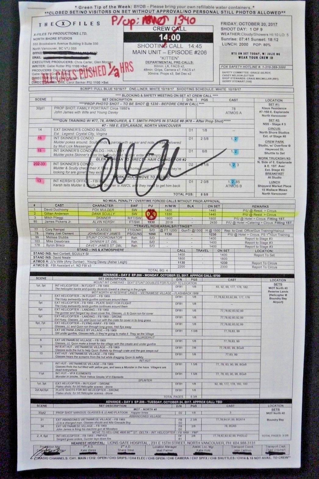 Gillian Anderson Signed X-Files Season 11 Episode 'Kitten' Call Sheet ORIGINAL