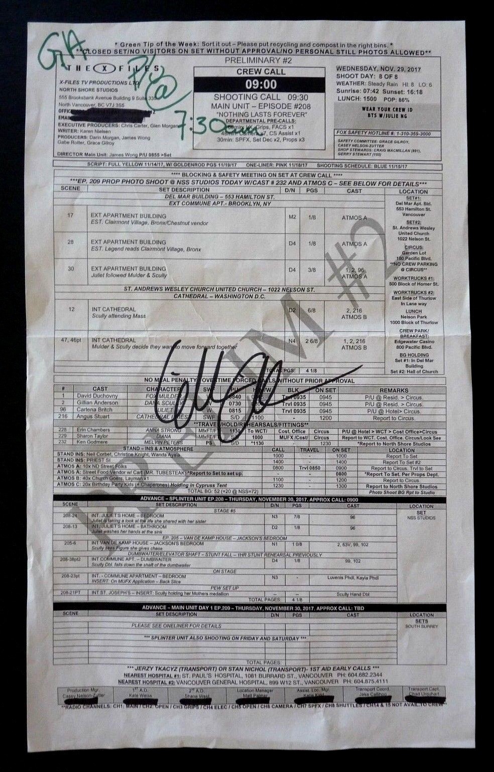Gillian Anderson Signed X-Files Season 11 Nothing Lasts Forever Call Sheet REAL