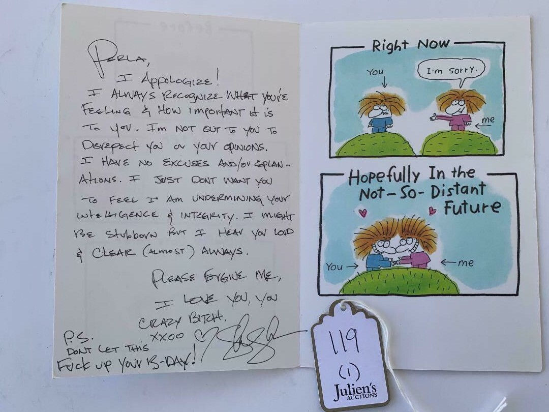 Slash Guns & Roses Handwritten Apology Card to Wife Signed Autographed Juliens