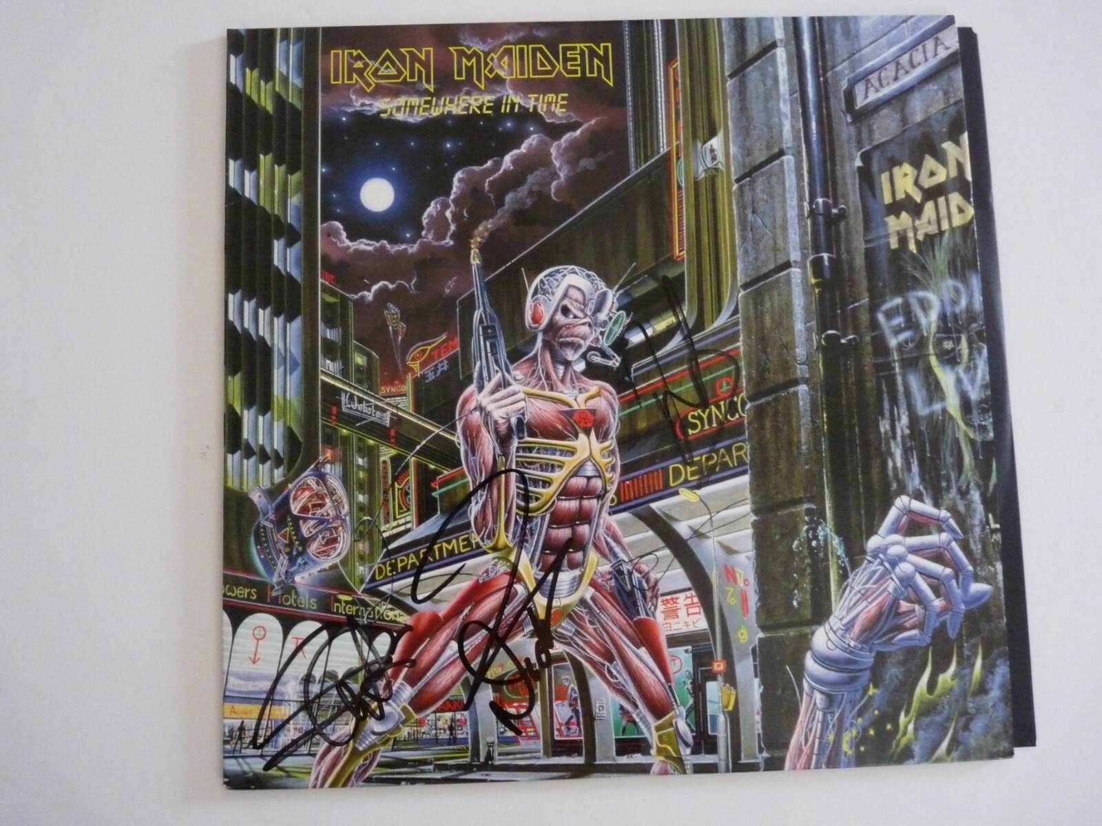 Iron Maiden Somewhere Time x3 Band Signed Autographed LP Beckett Certified
