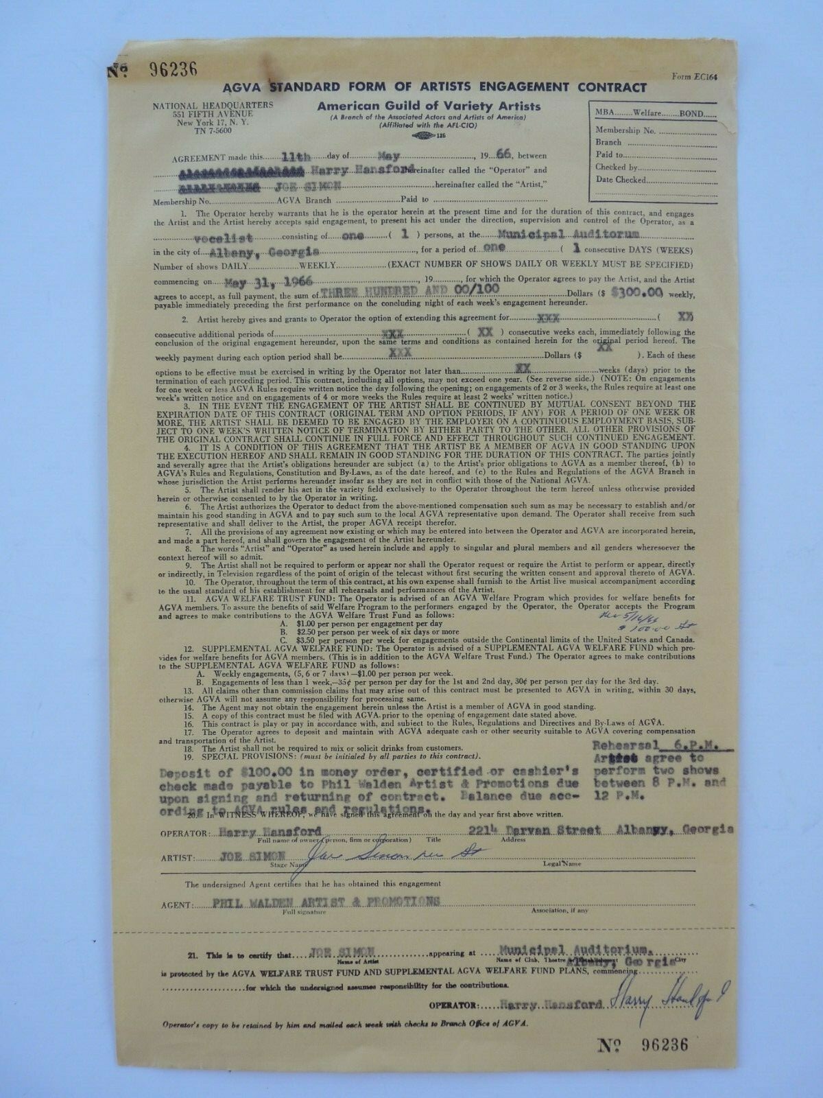 Joe Simon Singer Artist Signed 5-11-66 Live Performance Concert Contract