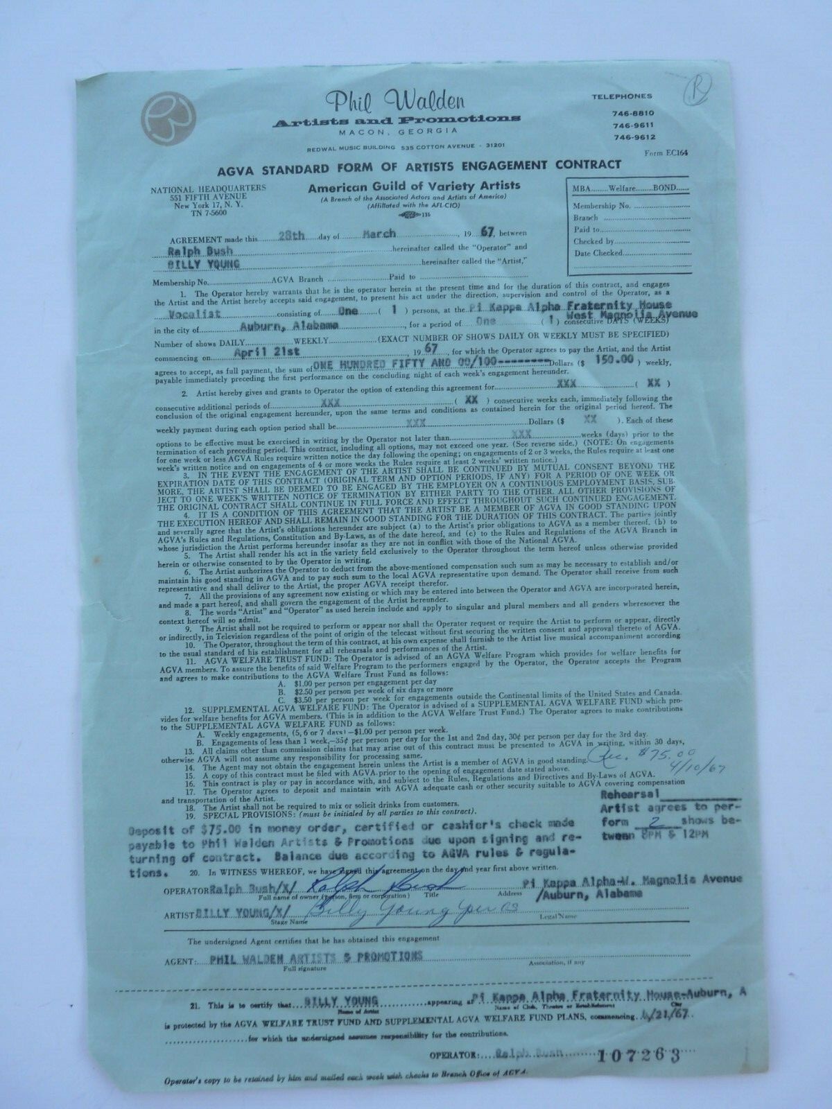 Joe Simon Singer Artist Signed 5-11-66 Live Performance Concert Contract SLOOPY