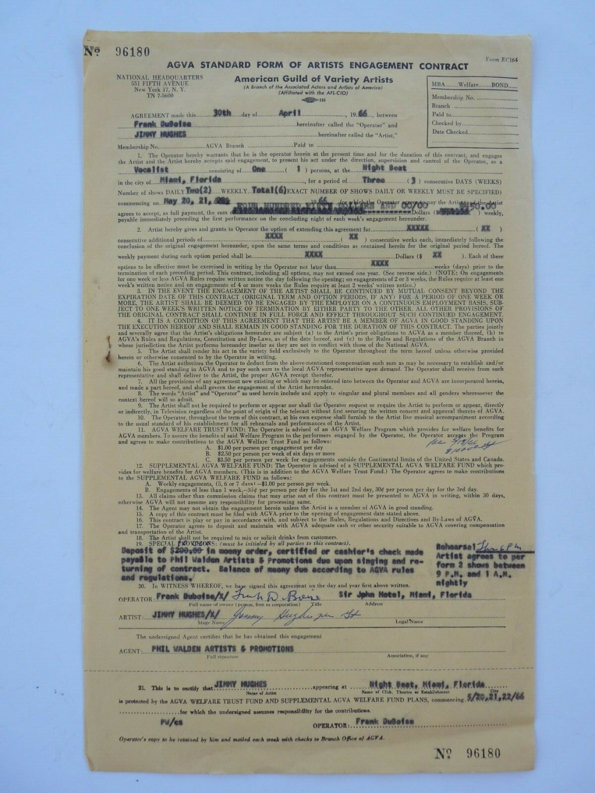 Jimmy Hughes Signed 4-30-66 Live Performance Concert Contract Curtis Andre